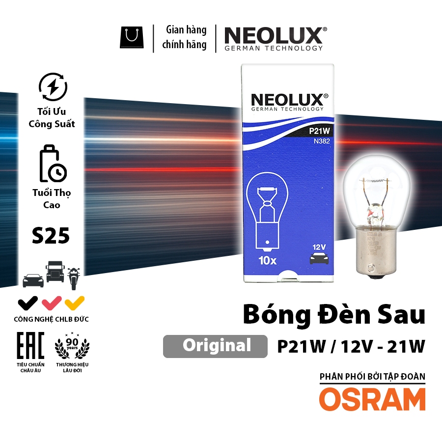 Combo 10 Bóng Đèn Sau Chân Cài Thẳng 1 Tim S25 OSRAM NEOLUX P21W 12V 21W N382 - Nhập Khẩu Chính Hãng