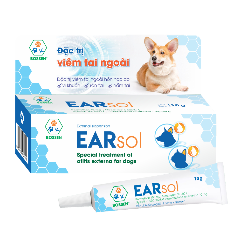 BOSSEN - EARSOL hỗ trợ giảm v.iêm tai ngoài hỗn hợp cho chó mèo, 1 tube 10g
