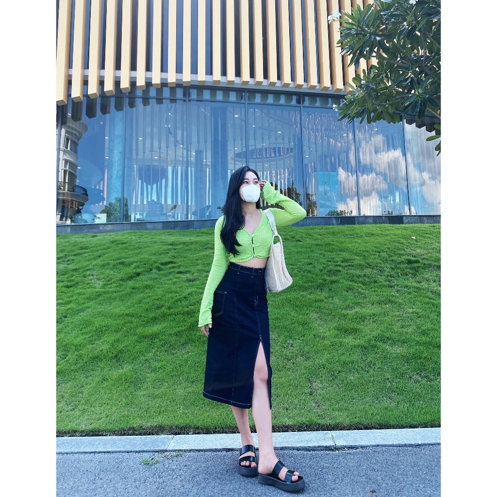 Chân váy jean dài túi hộp chất jean co giản dài 90cm Lynisen