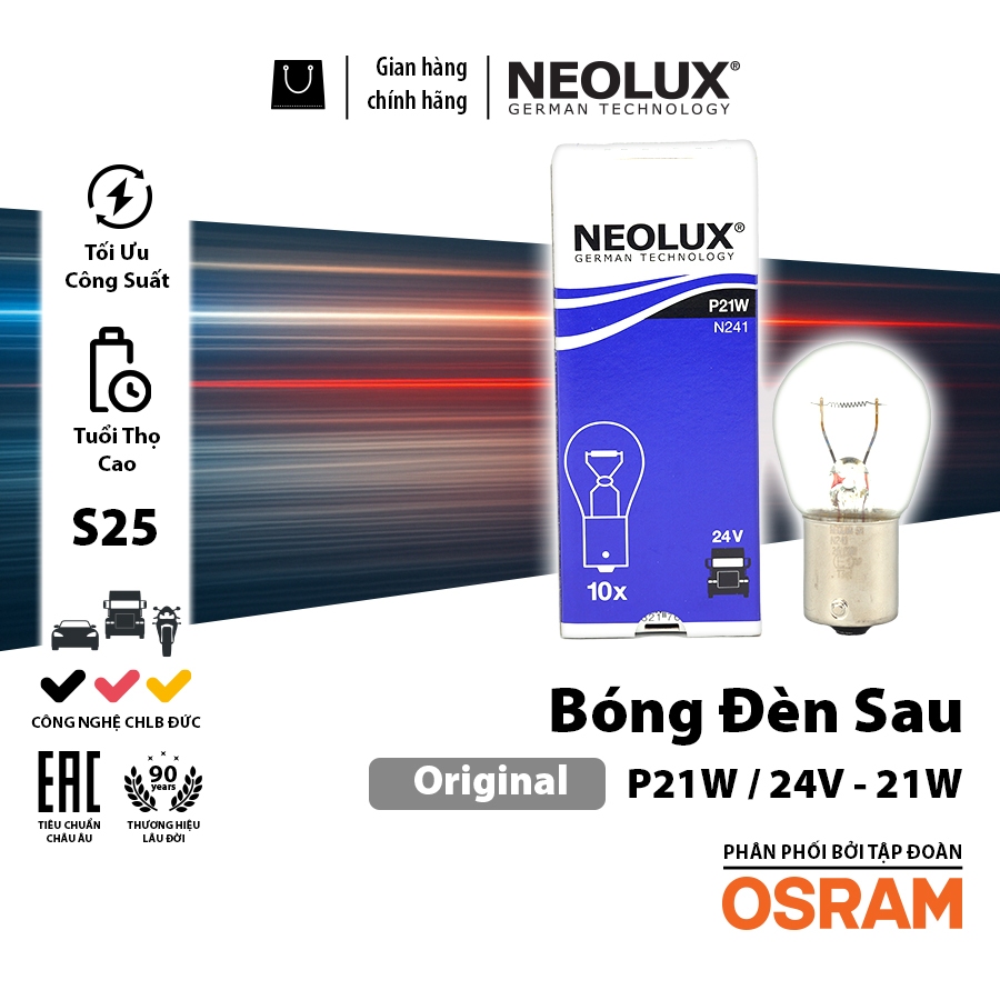 Combo 10 Bóng Đèn Sau Chân Cài Thẳng 1 Tim S25 OSRAM NEOLUX P21W 24V 21W N241 - Nhập Khẩu Chính Hãng