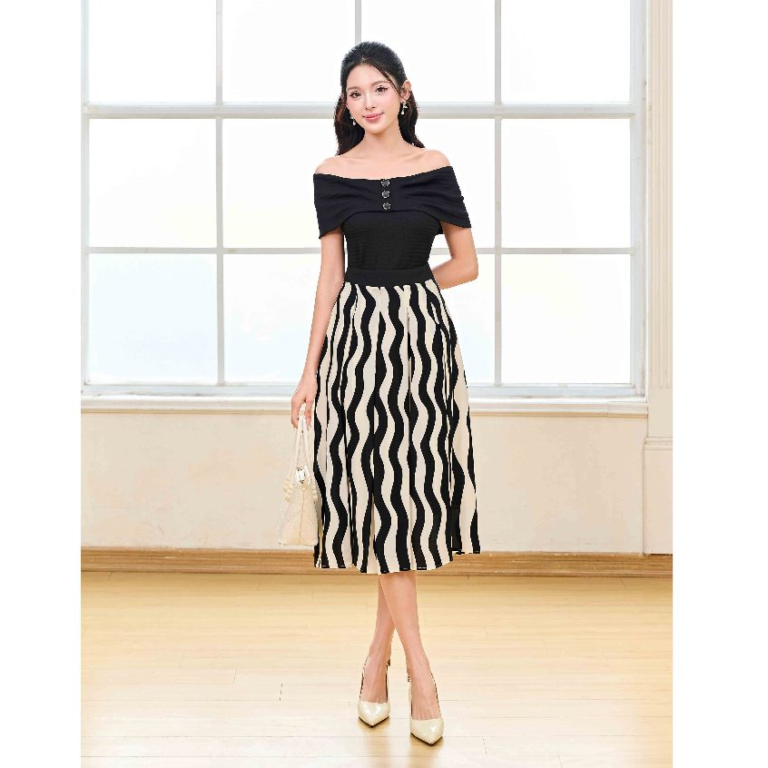 Juyp thiết kế cạp bản to họa tiết kẻ đen trắng chất lụa YOONA - EH8X243