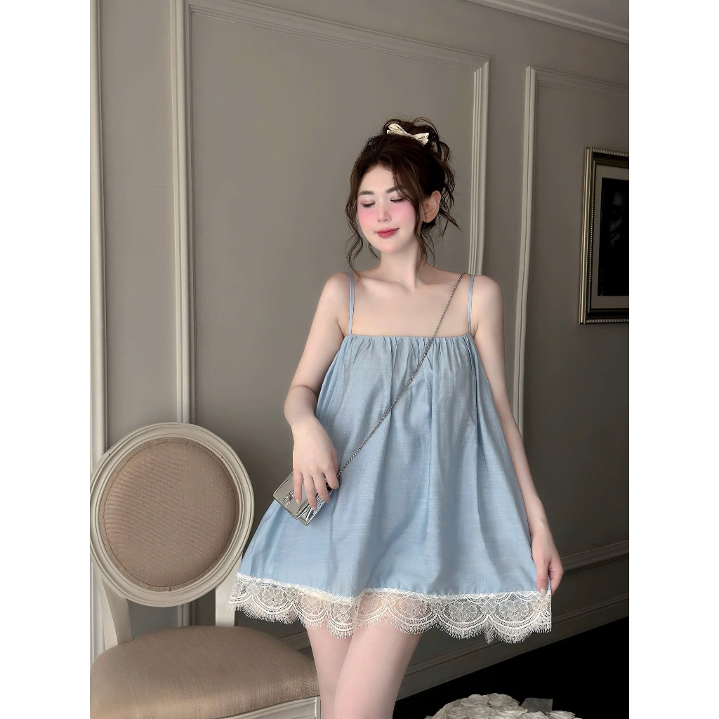 Đầm váy  nữ 2 dây dáng baby doll chất lụa mát phối ren cao cấp mặc ở nhà siêu xinh tiểu thư Hàn Quốc