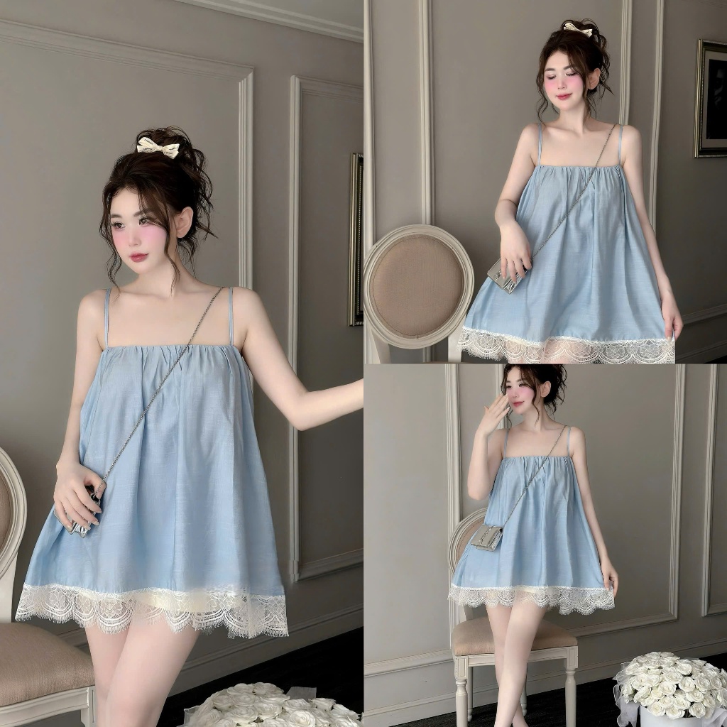 Đầm váy  nữ 2 dây dáng baby doll chất lụa mát phối ren cao cấp mặc ở nhà siêu xinh tiểu thư Hàn Quốc | BigBuy360 - bigbuy360.vn