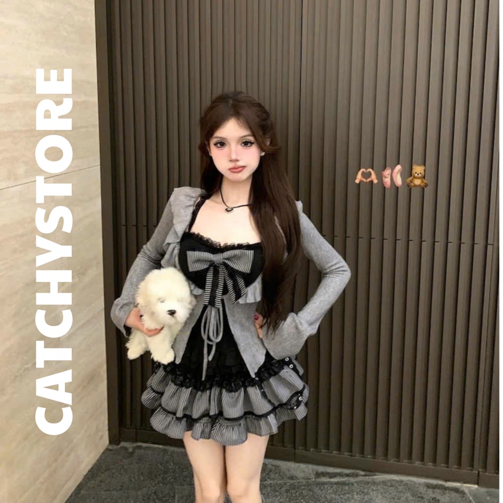 Set 3 món nữ - áo yếm viền ren đính nơ to phối chân váy tầng xòe kẻ sọc kèm khoác tay dài loe CATCHY | BigBuy360 - bigbuy360.vn