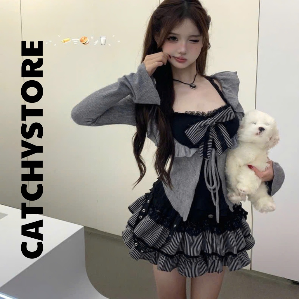 Set 3 món nữ - áo yếm viền ren đính nơ to phối chân váy tầng xòe kẻ sọc kèm khoác tay dài loe CATCHY | BigBuy360 - bigbuy360.vn