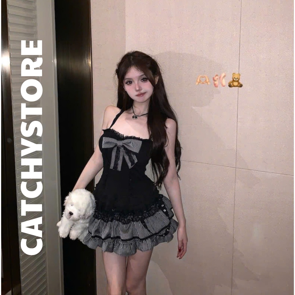 Set 3 món nữ - áo yếm viền ren đính nơ to phối chân váy tầng xòe kẻ sọc kèm khoác tay dài loe CATCHY | BigBuy360 - bigbuy360.vn