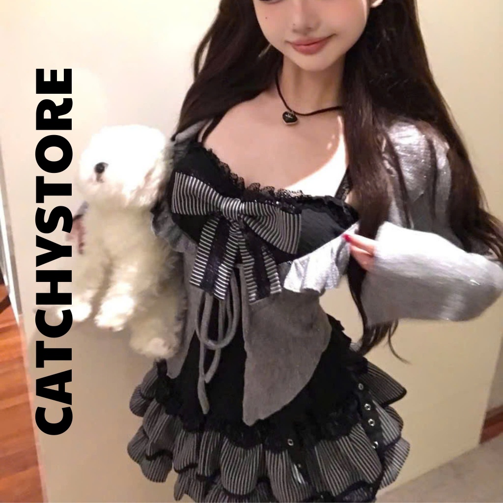 Set 3 món nữ - áo yếm viền ren đính nơ to phối chân váy tầng xòe kẻ sọc kèm khoác tay dài loe CATCHY | BigBuy360 - bigbuy360.vn