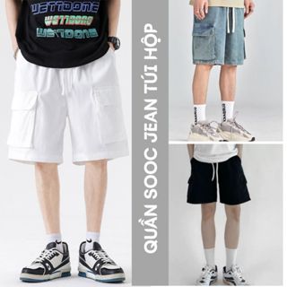 Quần Short Jeans ngắn Sooc Túi hộp đùi chất Jean Nam cao cấp có cạp chun dây rút co dãn FABUMAN