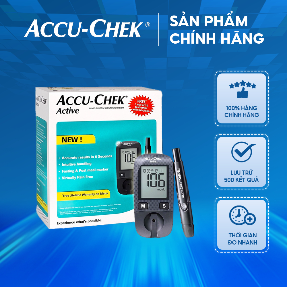 Bộ máy đo đường huyết Accu-chek Active - Không cần chip code - Lưu trữ 500 kết quả đo
