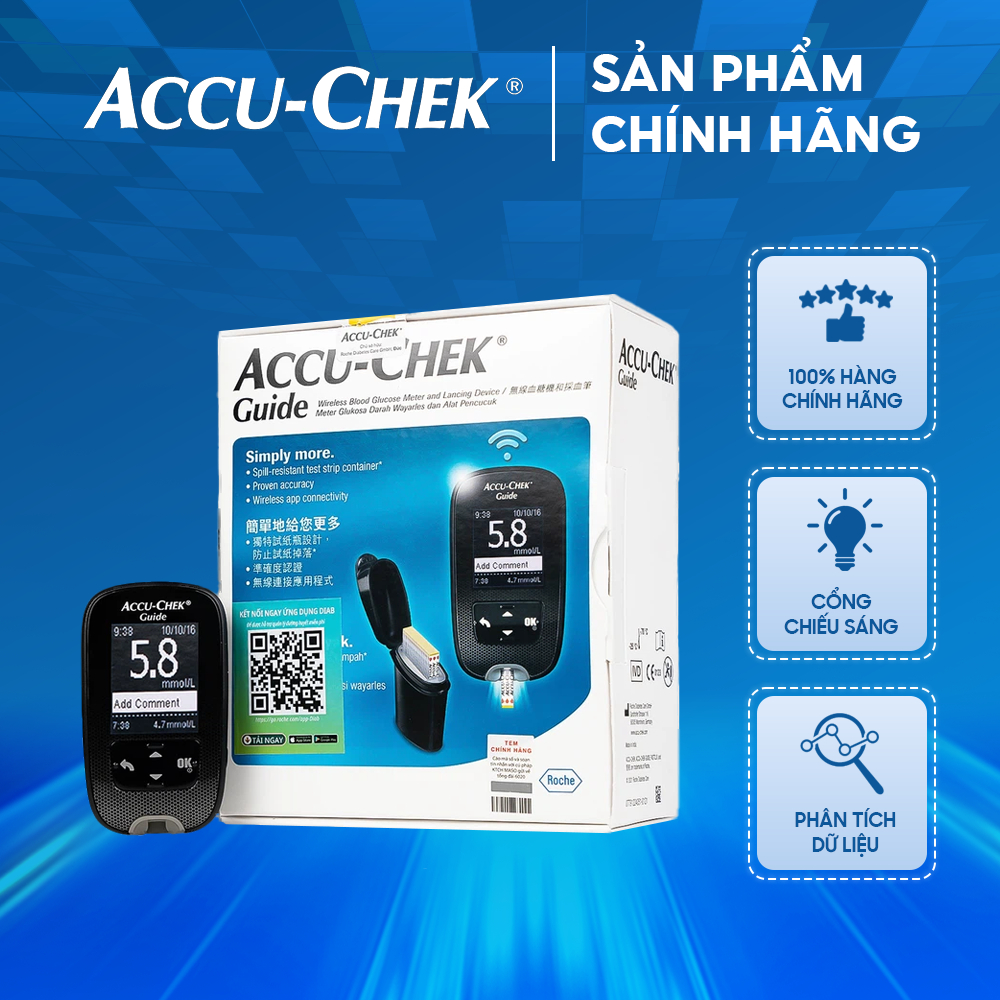 Máy đo đường huyết ACCU – CHEK Guide – Màn hình hiển thị sắc nét - Hỗ trợ đo ban đêm – Nút đẩy que