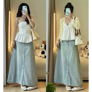 Chân váy jeans midi dáng dài Chân váy bò chữ A chất jeans mềm xẻ tà sau 247STORE_CV7926_P9K8