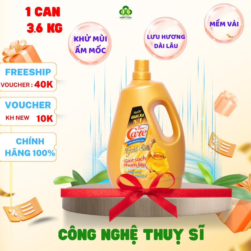 Nước giặt xả True Care, Mr Care can 3.6Kg 5in1 hương Gold Silk vàng, giặt sạch thơm lâu.