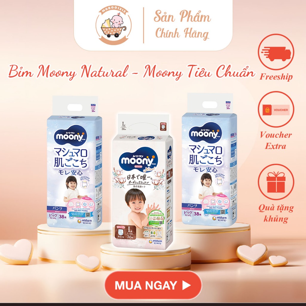 Bỉm MOONY NATURAL/ MOONY TIÊU CHUẨN chính hãng quần/dán size NB90/S82/M58/L44/XL38