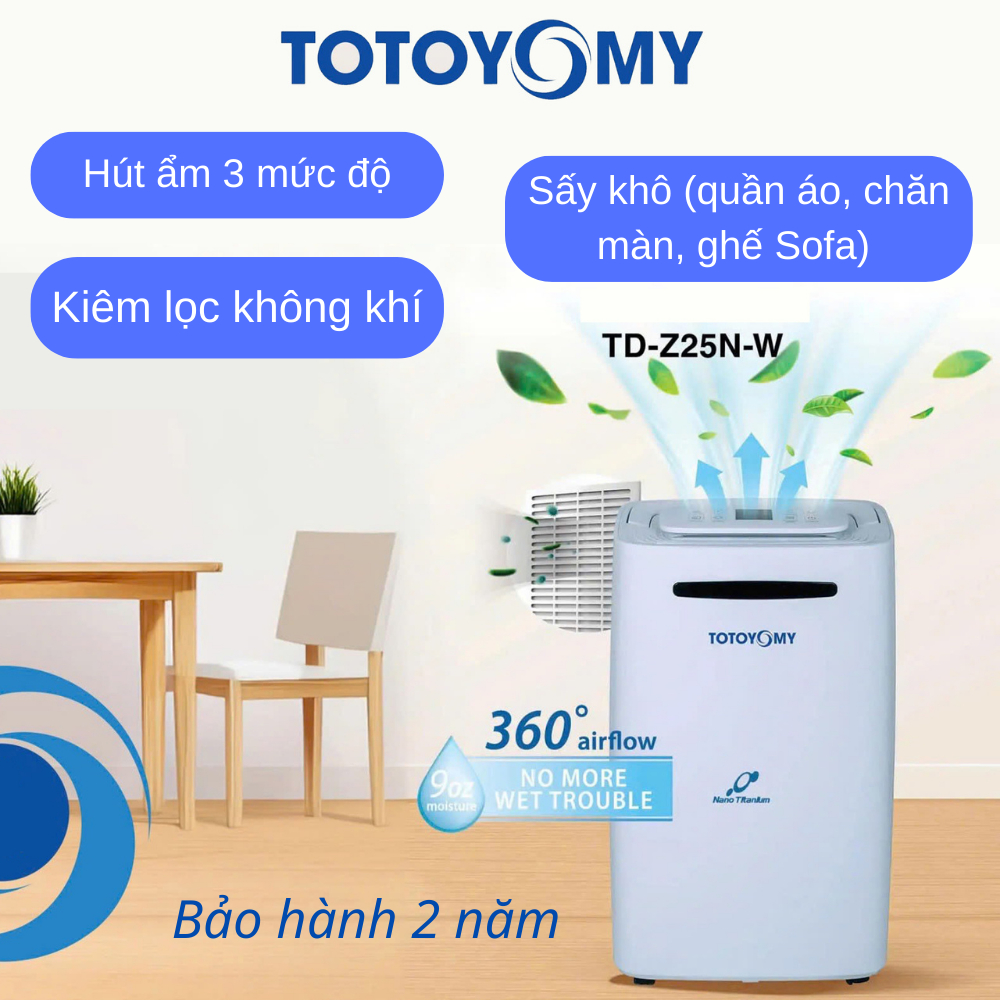 Máy hút ẩm Nhật TOTOYOMY TD-Z25N-W năm 2025 kiêm lọc không khí, khử mùi, sấy khô (Mới 100%)