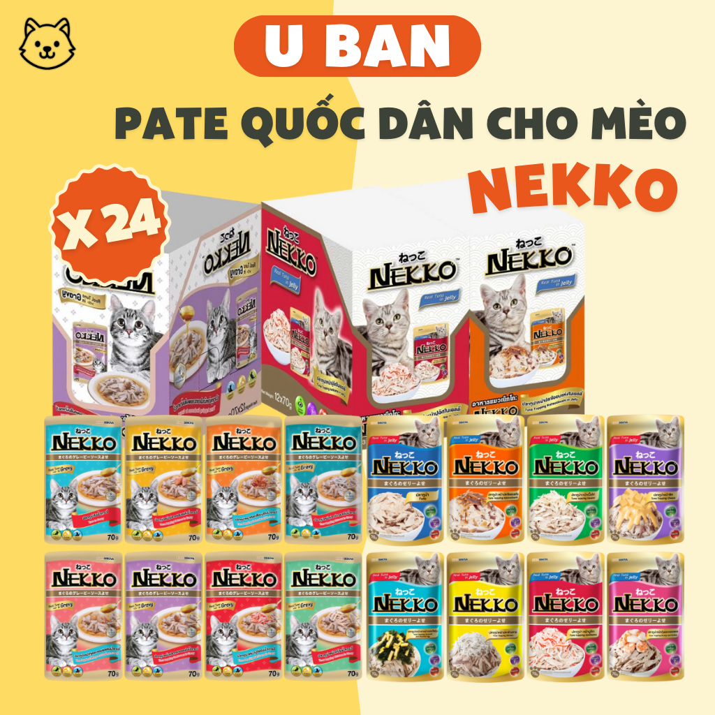 Set 12 Gói, 24 Gói Pate Cho Mèo Nekko Thái Lan Cho Mèo Mọi Lứa Tuổi 70g, Nekko Jelly, Nekko Gravy