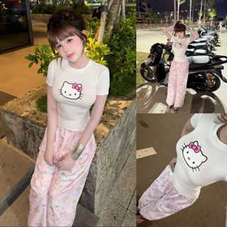 Set Bộ Áo Thun TĂM LẠNH Tay Ngắn In Kitty + Quần Mango Ống Xuông Rộng Kitty Hồng Lưng Chun