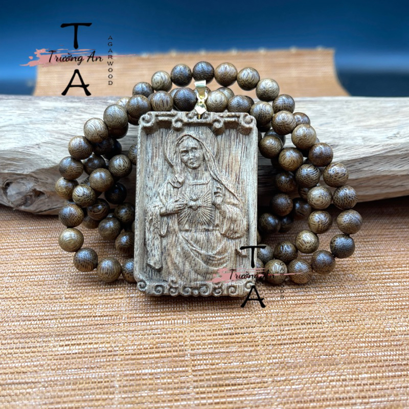 Bộ dây chuyền trầm hương kèm mặt Đức Mẹ Maria phước lành may mắn Trầm Hương Trường An