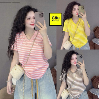 [ PHOM 40kg - 62kg ] Áo thun nữ Tay Ngắn cổ Tim Sọc Thêu N.gựa ( Sọc Ngựa cổ Tim B1905 )