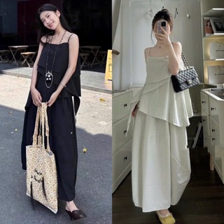 [Hàng Thiết Kế]: Set Áo 2 Dây Vạt Chéo Bất Đối Xứng Mix Chân Váy Cạp Chun Dáng Dài Thướt Tha 2 Màu Basic (Kèm Ảnh Thật)