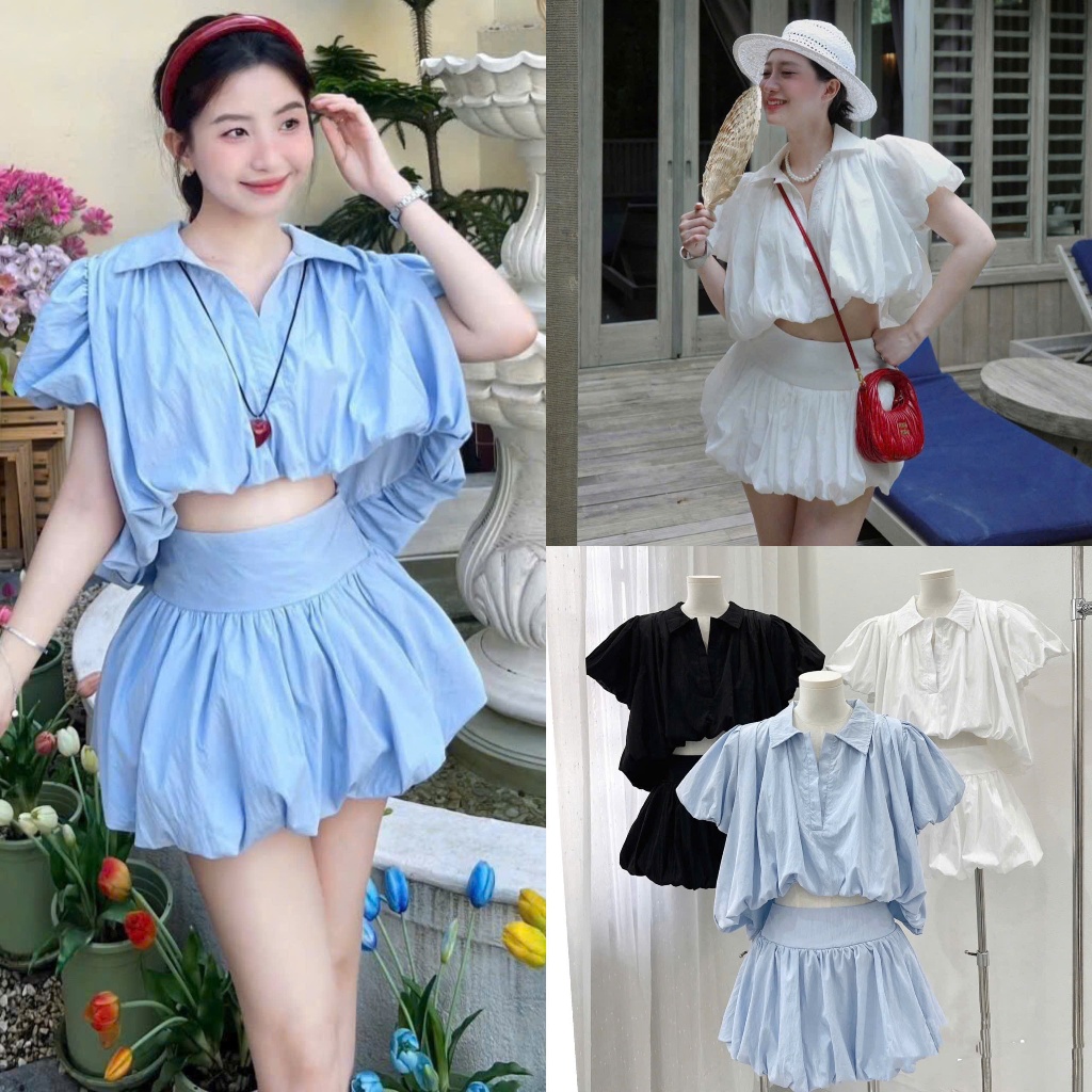 Set Áo Sơ Mi Croptop Phồng 3 Màu Mix Chân Váy Bí Dáng Ngắn Xòe 2 Lớp Style Trendy Hiện Đại (Ảnh Thật
