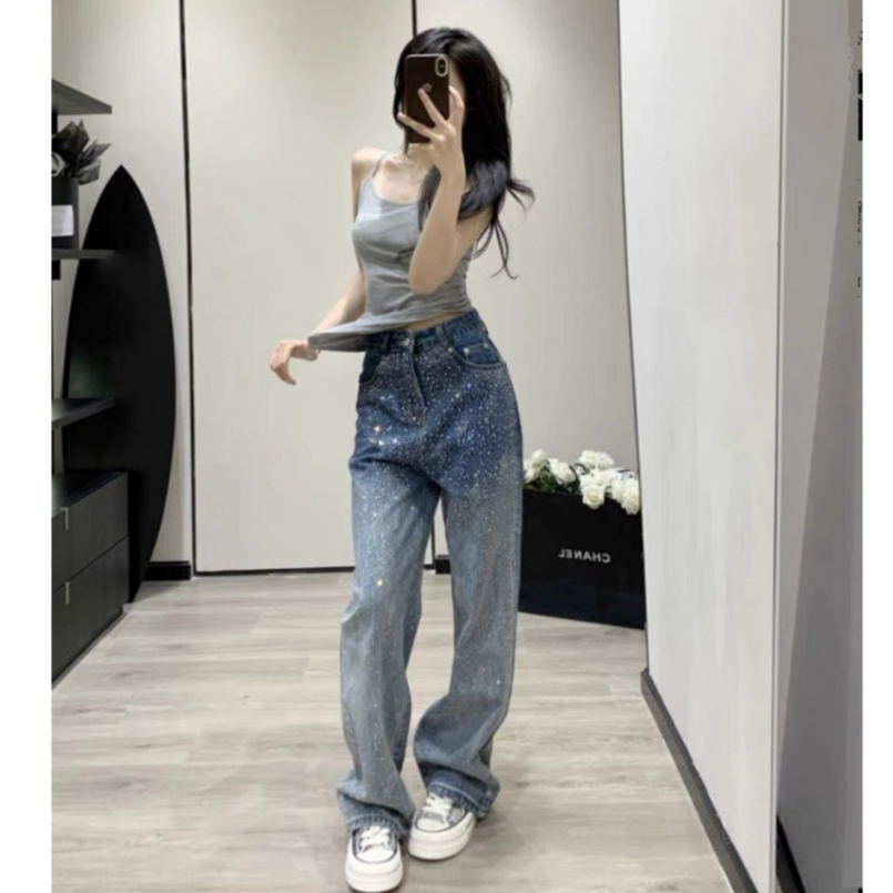 Quần jean ống rộng đính đá bling bling tôn dáng, Quần bò xuông đính đá đính đá siêu sáng đẹp lưng ca