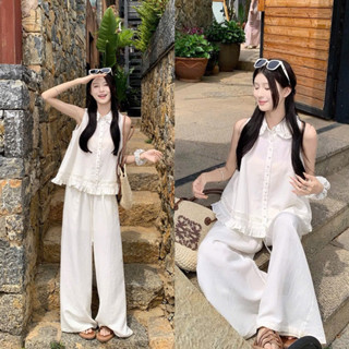 Set Áo Babydoll Cổ Sen Tay Cộc Phối Quần Dài Ống Rộng Set Đồ Nữ Đơn Giản Đi Chơi Biển Dạo Phố B432