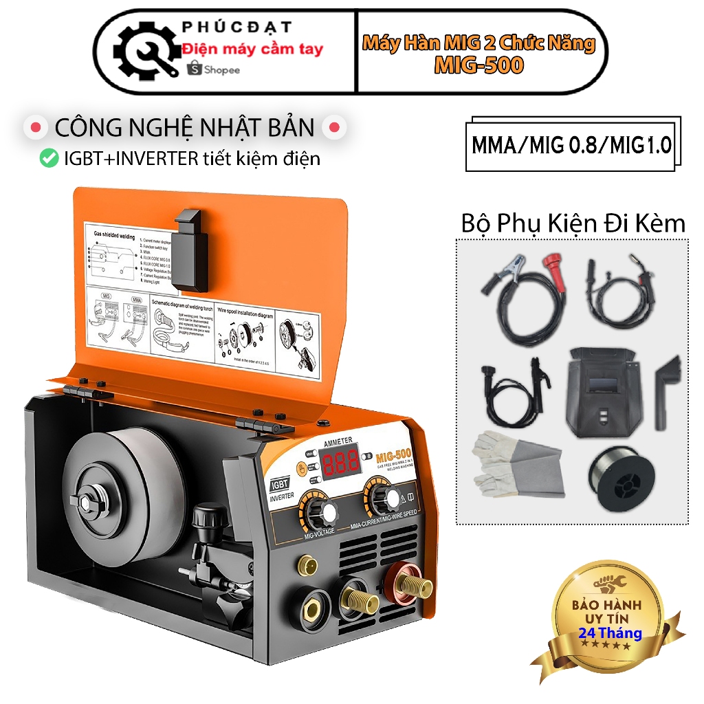 Máy Hàn MIG Không Dùng Khí 2 Chức Năng mini, Hàn MIG + Hàn Que Đa Năng, Tặng Cuộn Hàn và Phụ Kiện [ Bảo Hành 24 Tháng ]