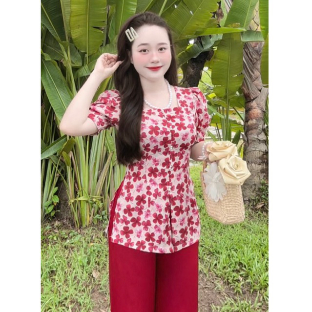 [BO7] Bộ Quần Áo Bà Ba Lụa Tầm Ý Hoa Bốn Lá Cổ Vuông Tay Phồng Quần Màu