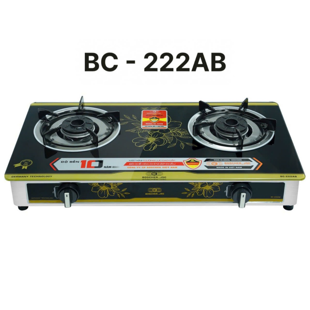 BOSCHER BC-222AB Bếp ga đôi họng inox chuẩn - độ bền cao. Mặt kính cường lực in 3D sang trọng
