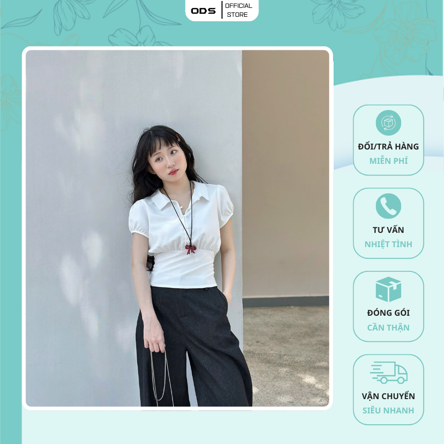 Áo Trắng ODS thiết kế cổ sơ mi nhún eo, chỉ thun bản to, đính gài nút, tay phồng lỡ trẻ trung - GM8