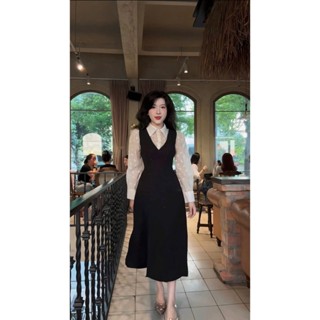 Váy xinh Hera đầm thiết kế bốn mùa dáng công sở vải tuyết mưa phối áo sơ mi cổ nhọn thêu hoa