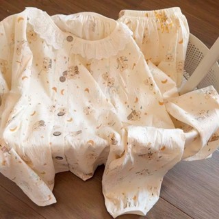 Bộ pyjama nữ dài tay mặc nhà cổ tròn phối ren họa tiết hoạt hình siêu xinh tiểu thư thu đông bigsize 044