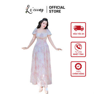 Váy Đẹp Dáng Dài Tay Bồng Đi Biển LECOONG V776  Đầm Tiểu Thư Màu Xanh Hồng Sang Chảnh