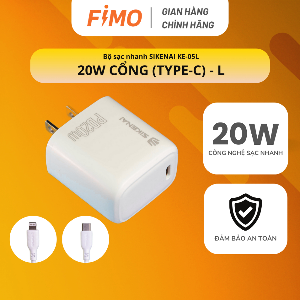 Bộ sạc nhanh PD20W Sikenai KE-05L Cổng Type C - L | Dây sạc an toàn, chính hãng FIMO