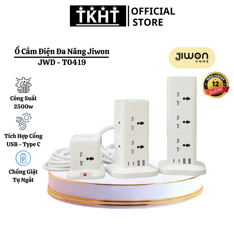 Ổ Cắm Điện Jiwon JWD-T0419 Công Suất 2500W Tích Hợp Cổng USB Và Type C Sạc Nhanh SP4123260774