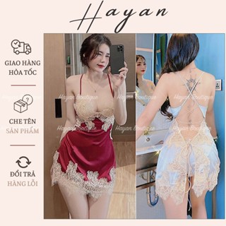 HT14 Váy ngủ sexy xẻ lưng đan dây quyến rũ,Đồ ngủ lụa phối ren ngực gợi cảm tôn dáng HT14