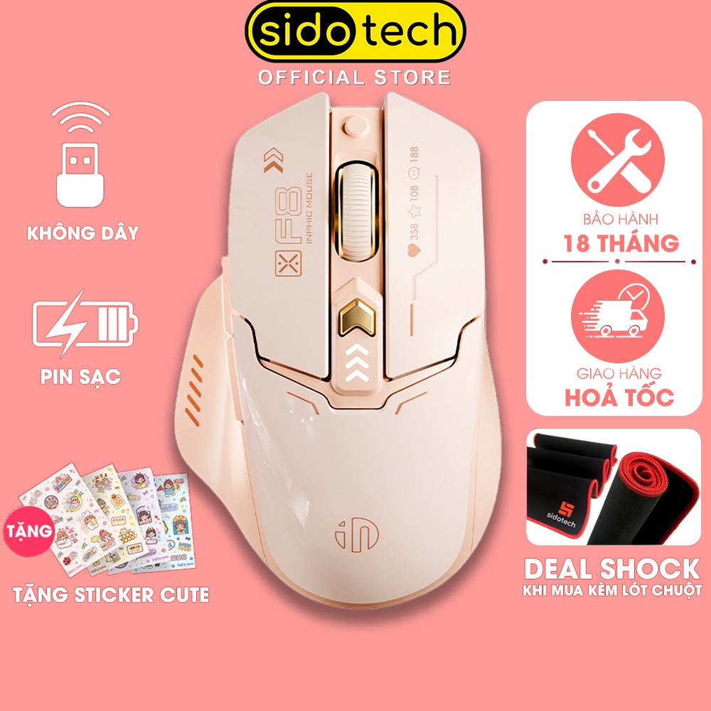 Chuột không dây gaming SIDOTECH INPHIC F8-NEW pin sạc silent hồng cute 6 nút wireless máy tính laptop