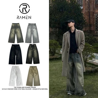 GRIND LOOSE PLEAT Quần Jean Ống Rộng Nam Nữ Ramen Phối Dây Retro hot, jeans suông Calem.Club Whose