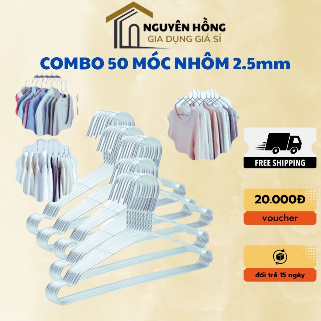 Combo 50 Móc Nhôm Phơi Quần Áo, Móc Treo Quần Áo Người Lớn Siêu Bền, Chắc Chắn, Mắc Phơi Đồ 2.5mm
