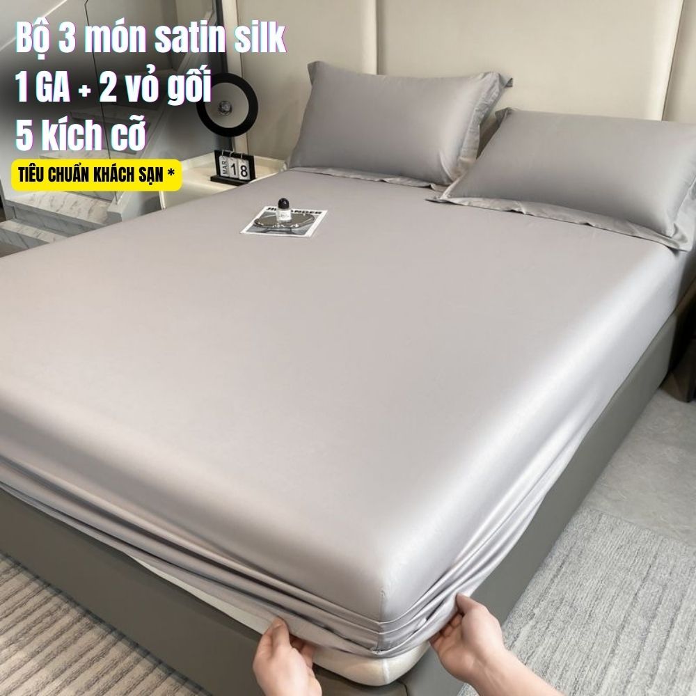 (ẢNH THẬT ) bộ ga giường 3 món Satin Lụa Mềm Mịn - bo chun 4 góc – Chất Lượng Khách Sạn Kèm Vỏ Gối