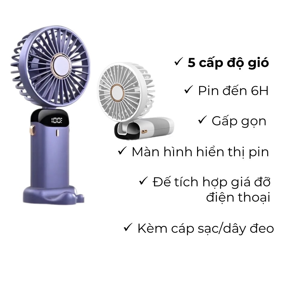 Quạt mini cầm tay F01, quạt gấp gọn mini 5 cấp độ gió, có màn hình LED hiển thị, pin 3000mAh sử dụng nhiều giờ | BigBuy360 - bigbuy360.vn