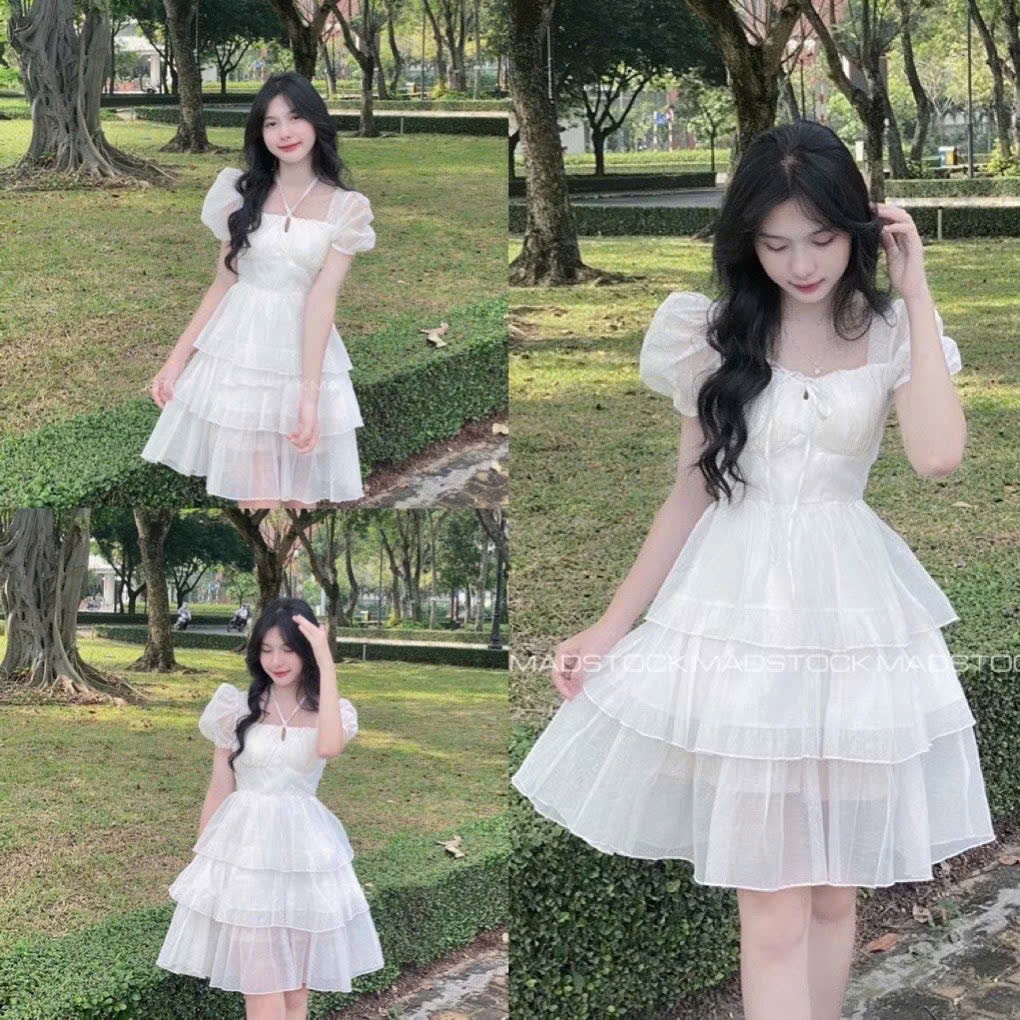Váy babydoll dáng dài tay phồng 3 tầng cổ vuông tay bồng thắt dây-đầm dự tiệc đi chơi sang trọng màu