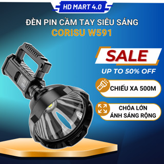 Đèn pin siêu sáng W591 CORISU cầm tay chiếu xa 500m vỏ nhựa ABS siêu bền có chân đế bóng led siêu sáng