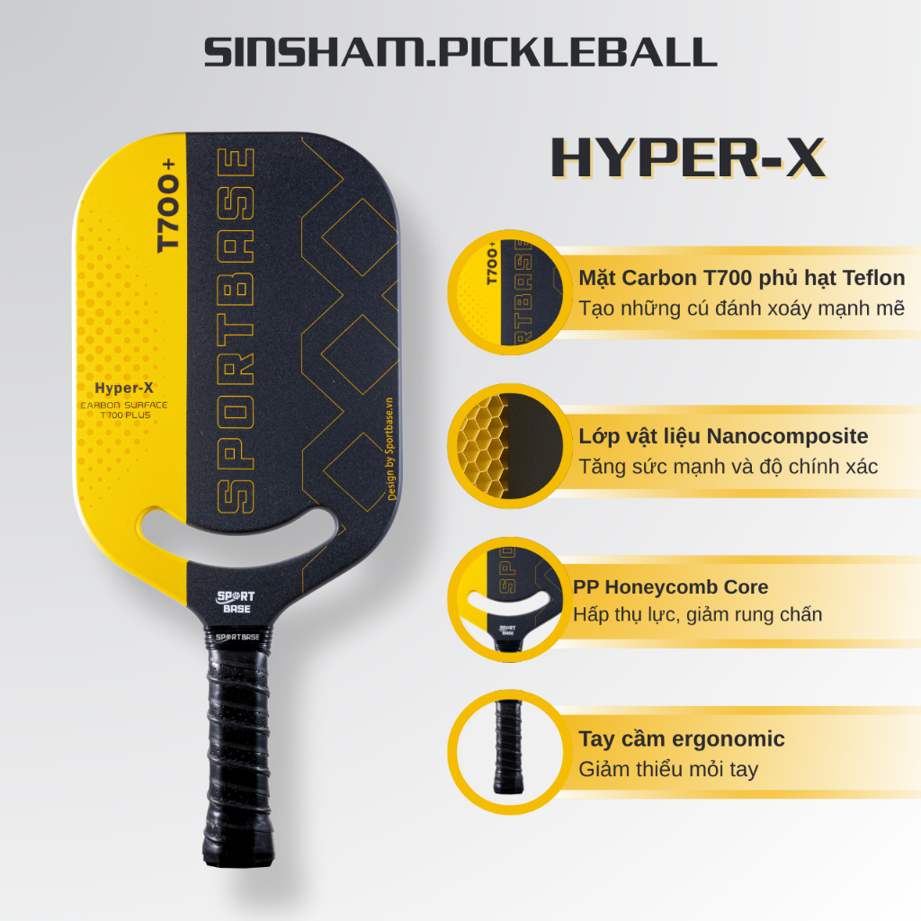 Vợt Pickleball Sportbase Hyper-X-01 Carbon T700 Plus chính hãng, siêu nhám, giảm rung chuyên nghiệp