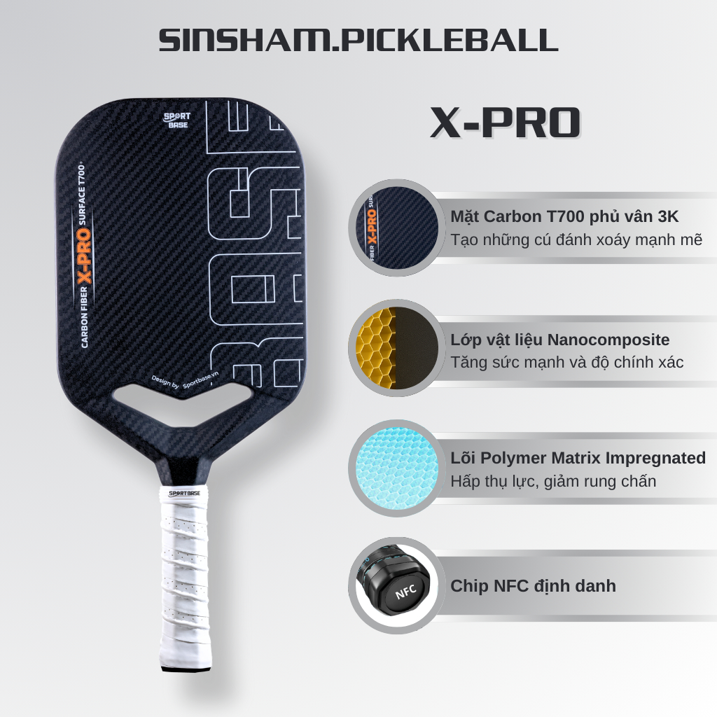  Vợt Pickleball Sportbase X-Pro-02 Carbon T700 phủ vân 3K cao cấp siêu nhám chip NFC 