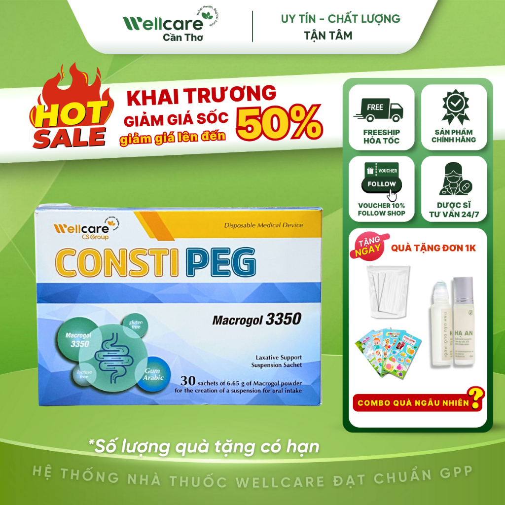 [⭐WELLCARE]CONSTIPEG Macrogol 3350 - Hộp 30 Gói Bột Nhuận Tràng giảm táo bón cho trẻ em và người lớn