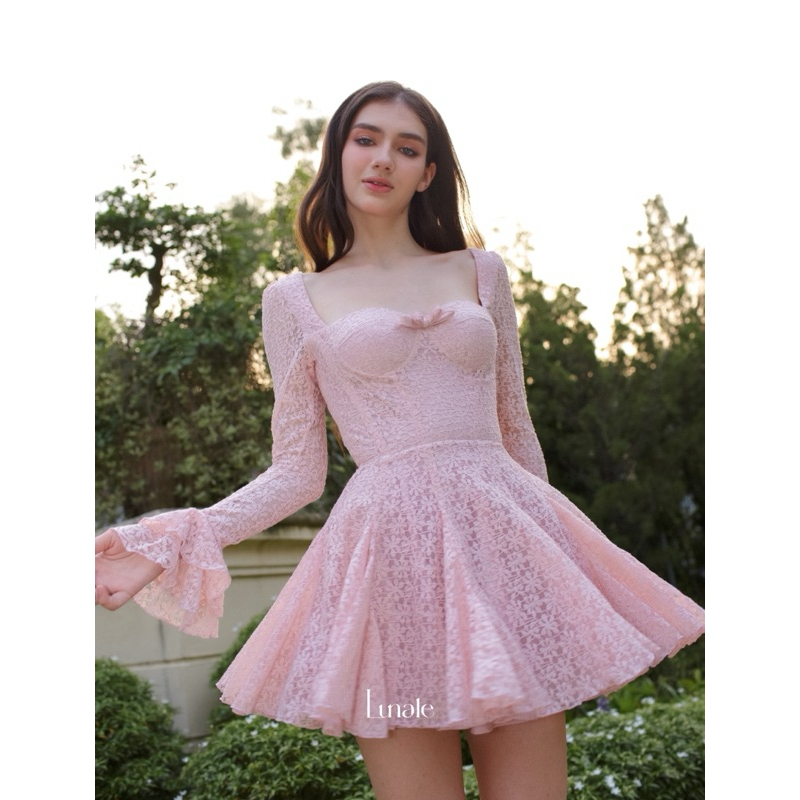 LUNALE - Layla dress / đầm hồng ren xòe tay dài loe ,nơ cổ