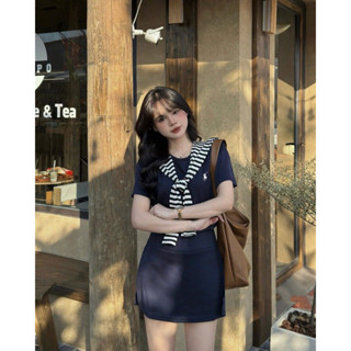 Set váy kèm khăn choàng xanh – trắng basic bigsize nữ 60-90kg | Đồ mặc đi chơi, che dáng siêu xinh