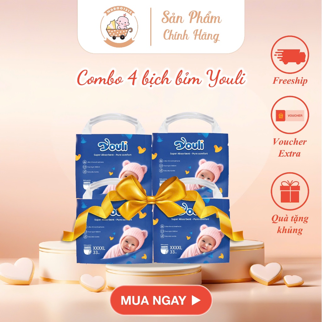   Combo 4 bịch  Tã Bỉm Dán Quần YOULI XANH Đủ Size S216 M184 M176 L168 XL160 XXL144 XXXL136 