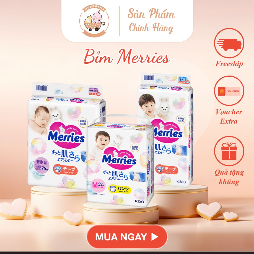 Bỉm MERRIES CỘNG MIẾNG  Nội Địa Nhật đủ size cho bé từ NB-XXL
